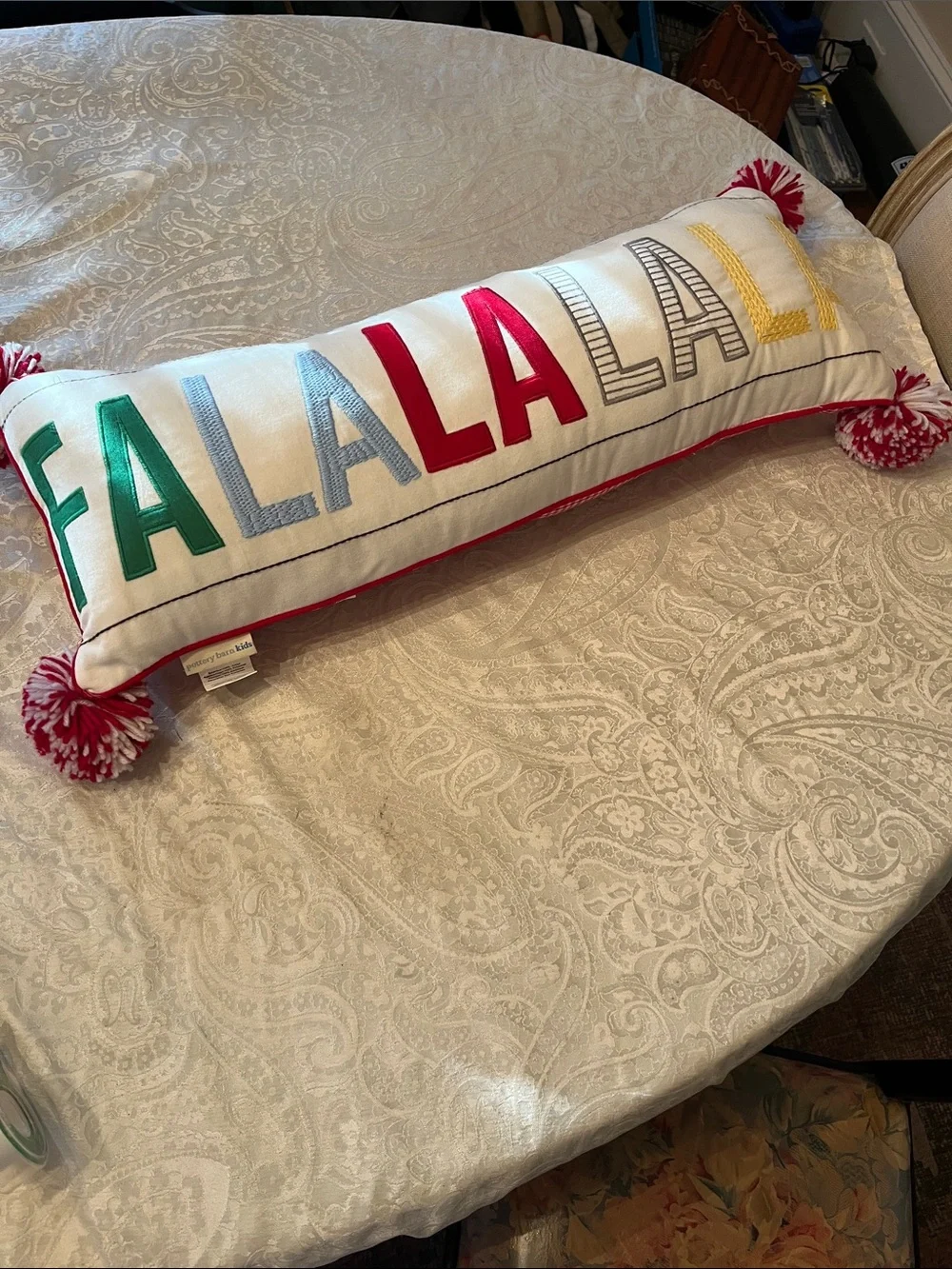 Pottery Barn Kids  'FA LA LA LA' Holiday Lumbar PillowMulticolor Letters EUC
